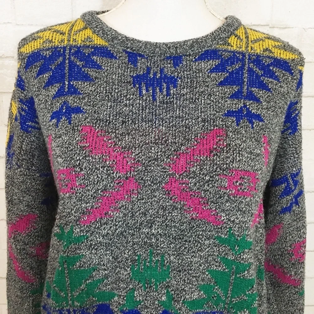 80s Vintage Gray Multi Color Patterned Slouchy Cozy Patterned Sweater